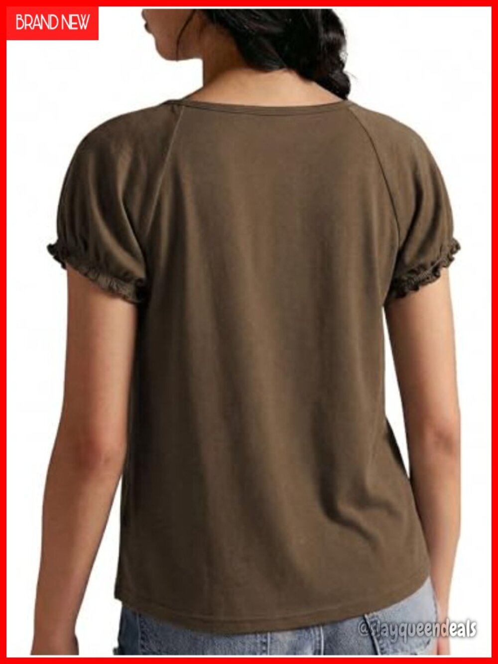 Puff Sleeve Henley Blouse - Loose Fit Short Sleeve Tee with Ruffle Cuff - Picture 5 of 6